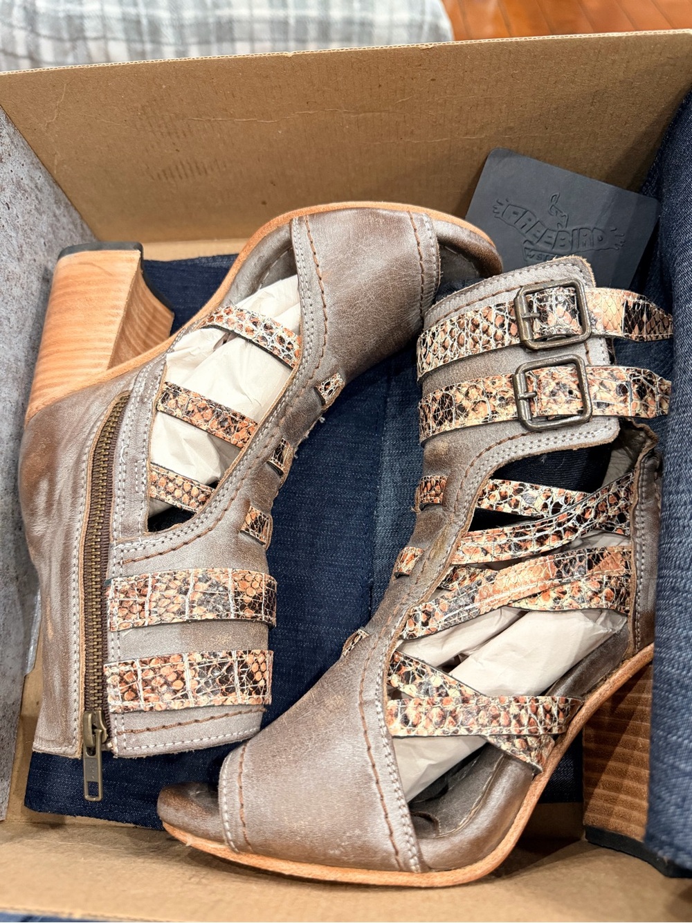 Freebird by Steven Taupe Heeled Sandals with Snakeskin Straps